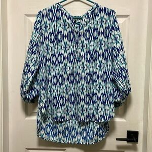 Amanda Green |Blue/White| Patterned |Long Sleeve |1/2 Button up |Blouse |Size L